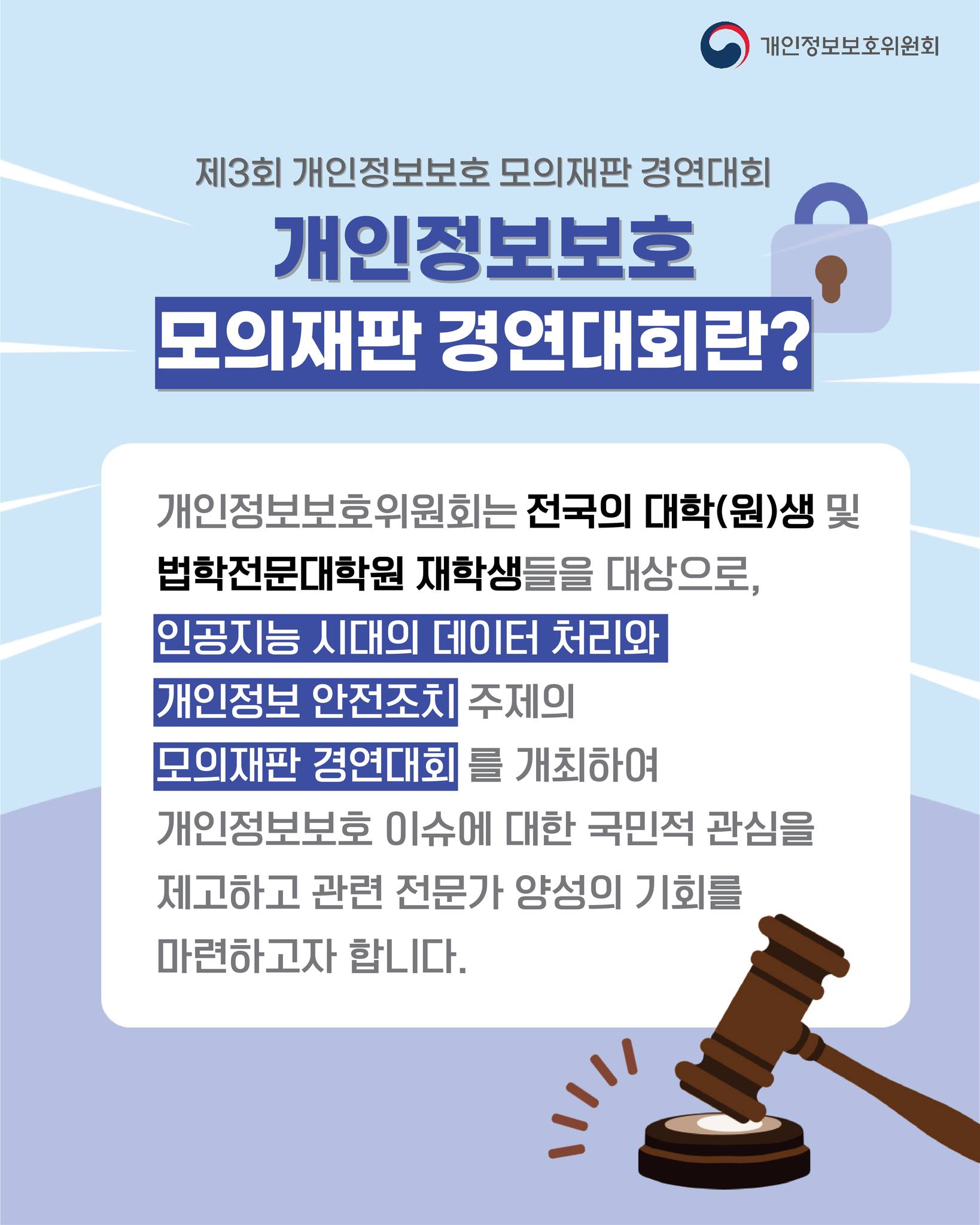 제3회 개인정보보호 모의재판 경연대회
개인정보보호 모의재판 경연대회란?

개인정보보호위원회는 전국의 대학(원)생 및
법학전문대학원 재학생들을 대상으로,
인공지능 시대의 데이터 처리와
개인정보 안전조치 주제의
모의재판 경연대회를 개최하여
개인정보보호 이슈에 대한 국민적 관심을
제고하고 관련 전문가 양성의 기회를
마련하고자 합니다.