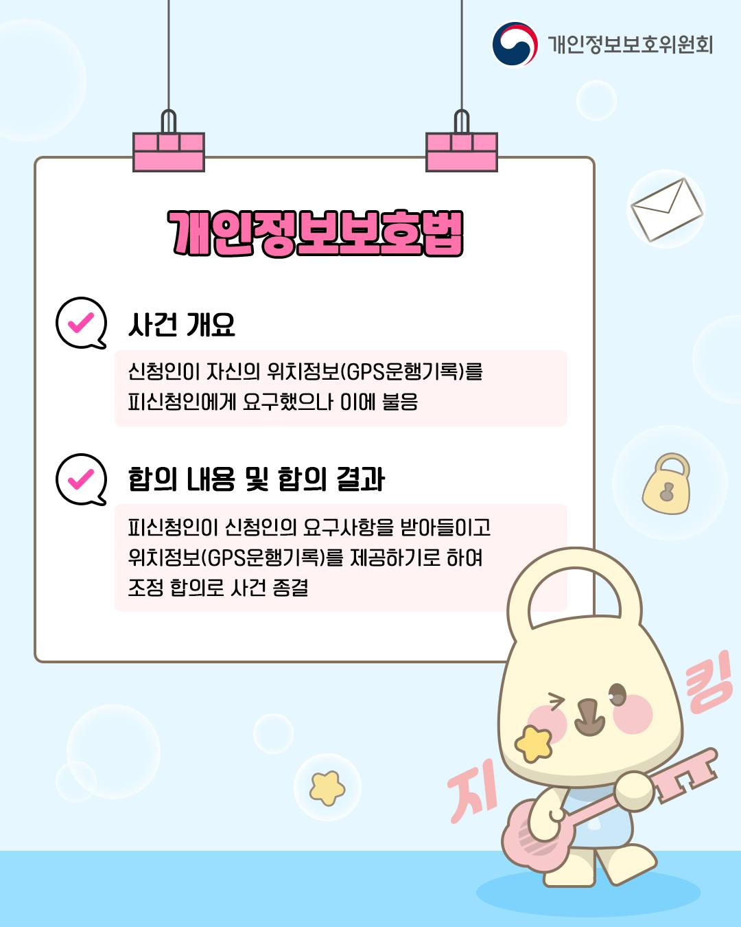 개인정보보호법
사건개요: 신청인이 자신의 위치정보(GPS 운행기록)를 피신청인에게 요구했으나 이에 불응
합의 내용 및 합의 결과: 피신청인이 신청인의 요구사항을 받아들이고 위치정보(GPS 운행기록)를 제공하기로 하여 조정 합의로 사건 종결