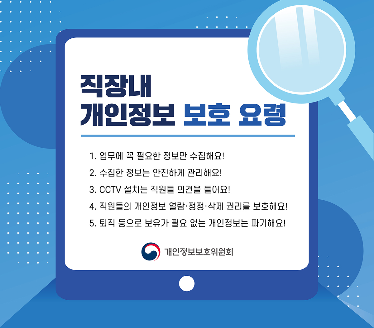 직장 내 개인정보 보호 요령
1. 업무에 꼭 필요한 정보만 수집해요! 2. 수집한 정보는 안전하게 관리해요! 3. CCTV 설치는 직원들 의견을 들어요! 4. 직원들의 개인정보 열람·정정·삭제 권리를 보호해요! 5. 퇴직 등으로 보유가 필요 없는 개인정보는 파기해요! 개인정보보호위원회