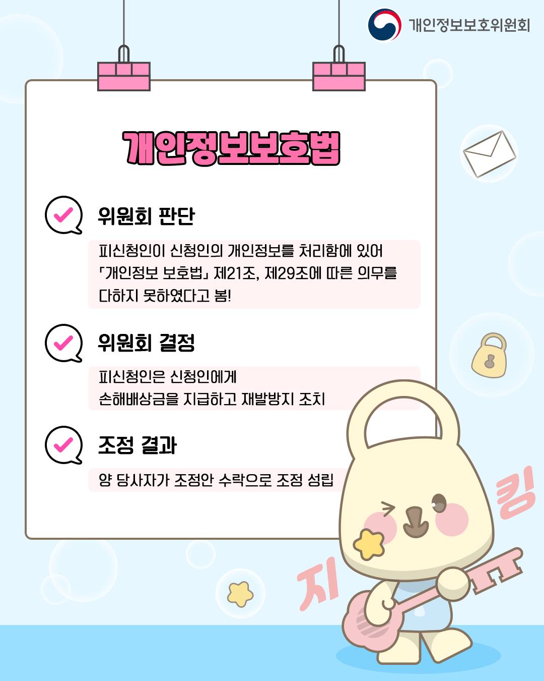 개인정보보호법
위원회 판단: 피신청인이 신청인의 개인정보를 처리함에 있어 「개인정보 보호법」 제21조, 제29조에 따른 의무를 다하지 못하였다고 봄!
위원회 결정: 피신청인은 신청인에게 손해배상금을 지급하고 재발방지 조치
조정결과: 양 당사자가 조정안 수락으로 조정성립