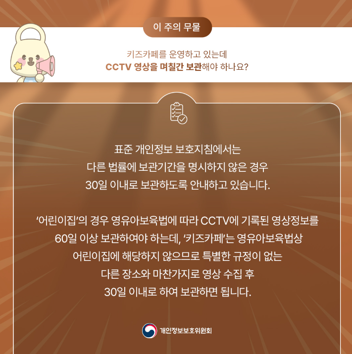 이 주의 무물 키즈카페를 운영하고 있는데 CCTV 영상을 며칠간 보관해야 하나요? 표준 개인정보 보호지침에서는 다른 법률에 보관기간을 명시하지 않은 경우 30일 이내로 보관하도록 안내하고 있습니다. '어린이집'의 경우 영유아보육법에 따라 CCTV에 기록된 영상정보를 60일 이상 보관하여야 하는데, '키즈카페'는 영유아보육법상 어린이집에 해당하지 않으므로 특별한 규정이 없는 다른 장소와 마찬가지로 영상 수집 후 30일 이내로 하여 보관하면 됩니다. 개인정보보호위원회