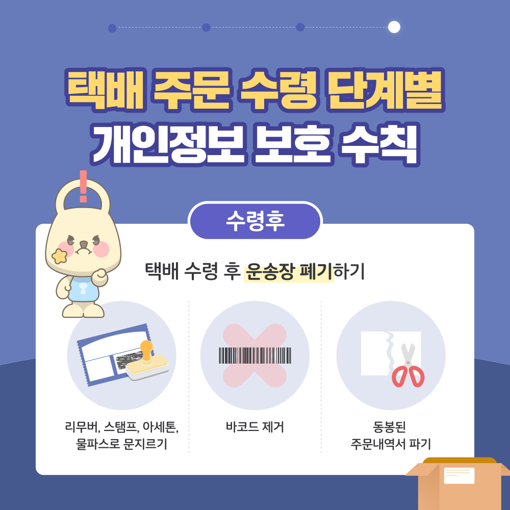 택배 주문 수령 단계별 개인정보 보호 수칙 4. 수령후 : ① 택배 수령 후 운송장 폐기하기 - 리무버, 스탬프, 아세톤, 물파스로 문지르기 - 바코드 제거 - 동봉된 주문내역서 파기
