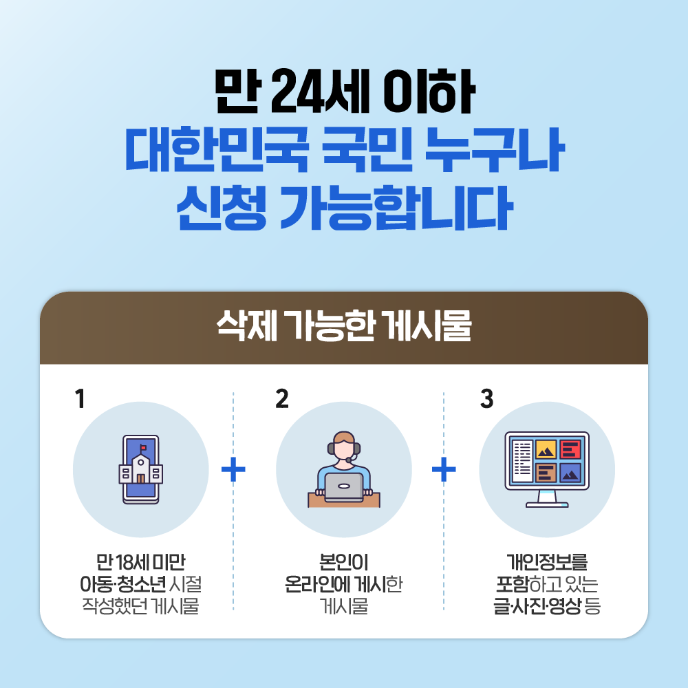 만 24세 이하 대한민국 국민 누구나 신청 가능합니다 삭제 가능한 게시물 ① 만 18세 미만 아동·청소년 시절 작성했던 게시물 ② 본인이 온라인에 게시한 게시물 ③ 개인정보를 포함하고 있는 글·사진·영상 등