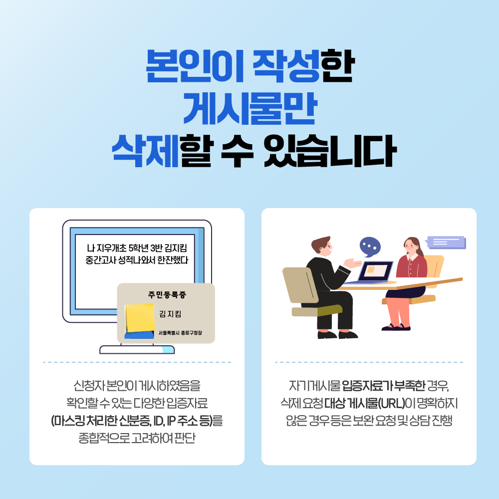 본인이 작성한 게시물만 삭제할 수 있습니다 신청자 본인이 게시하였음을 확인할 수 있는 다양한 입증자료(마스킹 처리한 신분증, ID, IP 주소 등)를 종합적으로 고려하여 판단 자기게시물 입증자료가 부족한 경우, 삭제 요청 대상 게시물(URL)이 명확하지 않은 경우 등은 보완 요청 및 상담 진행