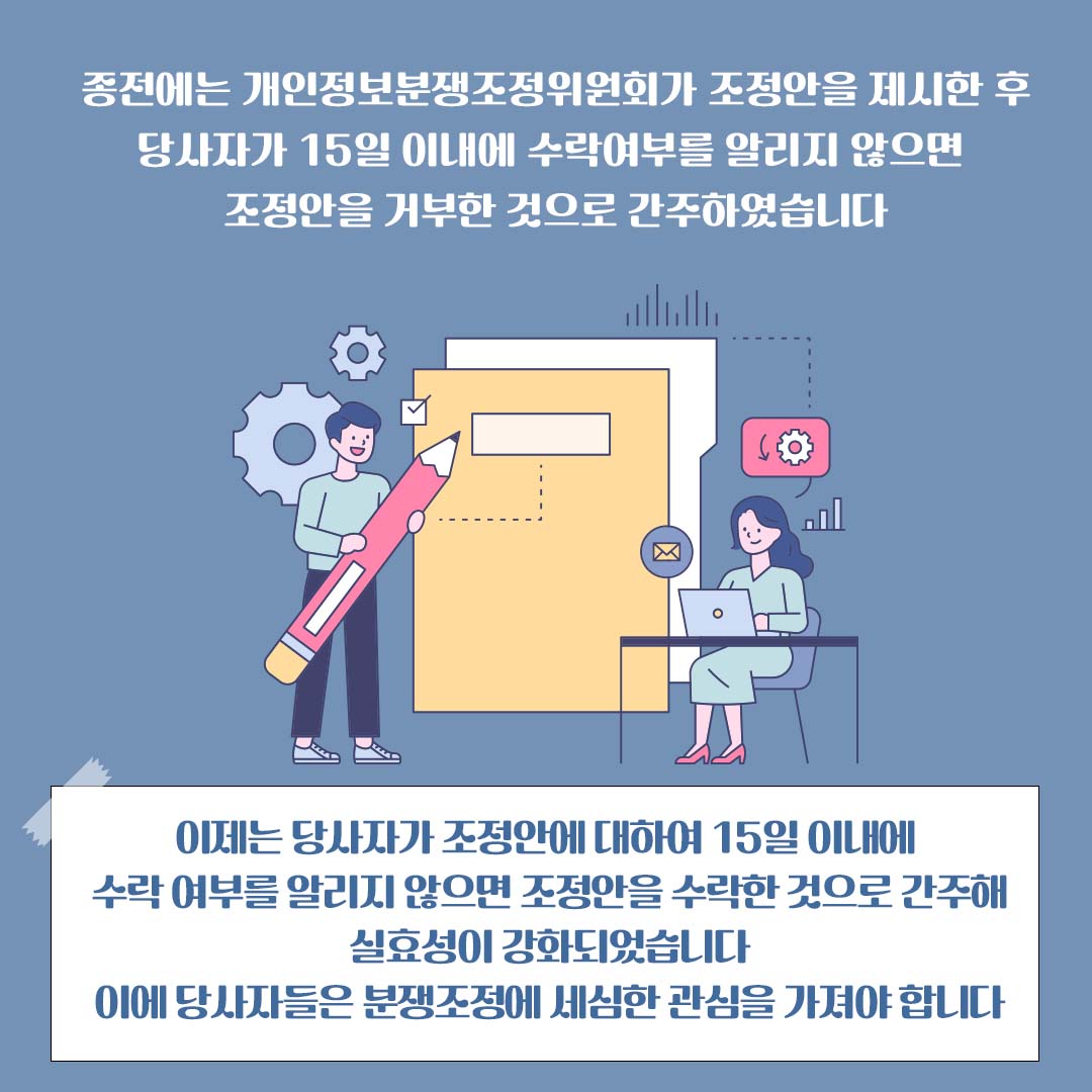 종전에는 개인정보분쟁조정위원회가 조정안을 제시한 후 당사자가 15일 이내에 수락여부를 알리지 않으면 조정안을 거부한 것으로 간주하였습니다 이제는 당사자가 조정안에 대하여 15일 이내에 수락 여부를 알리지 않으면 조정안을 수락한 것으로 간주해 실효성이 강화되었습니다 이에 당사자들은 분쟁조정에 세심한 관심을 가져야 합니다