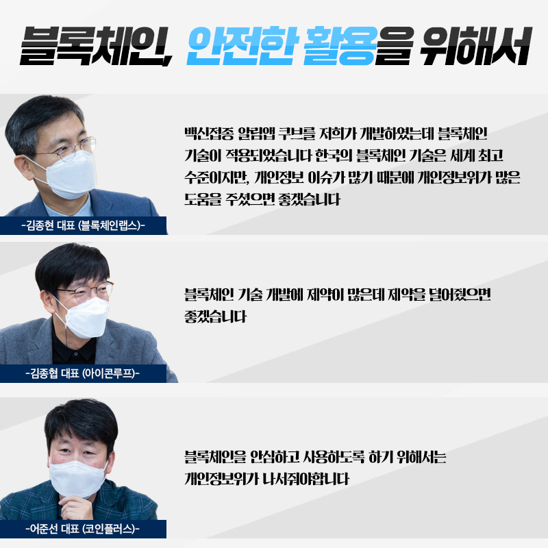 블록체인, 안전한 활용을 위해서 1. 김종현 대표(블록체인랩스) : 백신접종 알림앱 쿠브를 저희가 개발하였는데 블록체인 기술이 적용되었습니다 한국의 블록체인 기술은 세계 최고 수준이지만, 개인정보 이슈가 많기 때문에 개인정보위가 많은 도움을 주셨으면 좋겠습니다 2. 김종협 대표(아이콘루프) : 블록체인 기술 개발에 제약이 많은데 제약을 덜어줬으면 좋겠습니다 3. 어준선 대표(코인플러스) : 블록체인을 안심하고 사용하도록 하기 위해서는 개인정보위가 나서줘야합니다