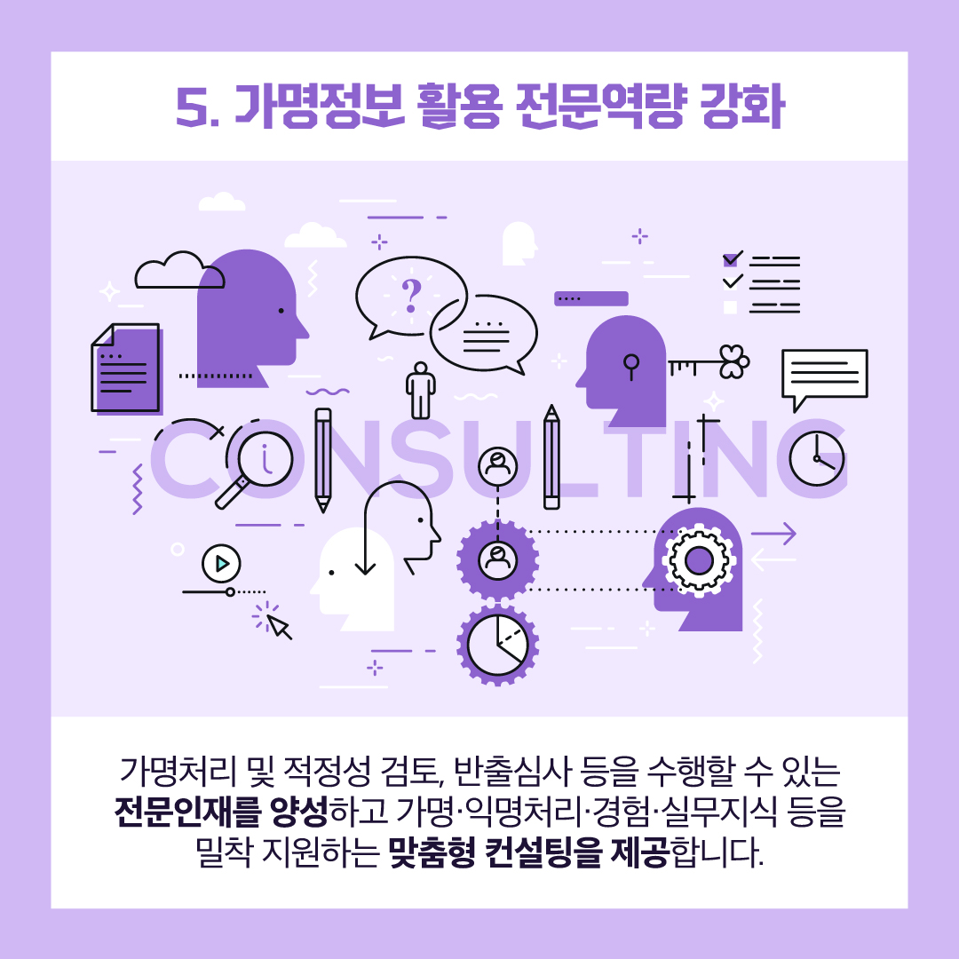 5. 가명정보 활용 전문역량 강화 : 가명처리 및 적정성 검토, 반출심사 등을 수행할 수 있는 전문인재를 양성하고 가명·익명처리·경험·실무지식 등을 밀착 지원하는 맞춤형 컨설팅을 제공합니다