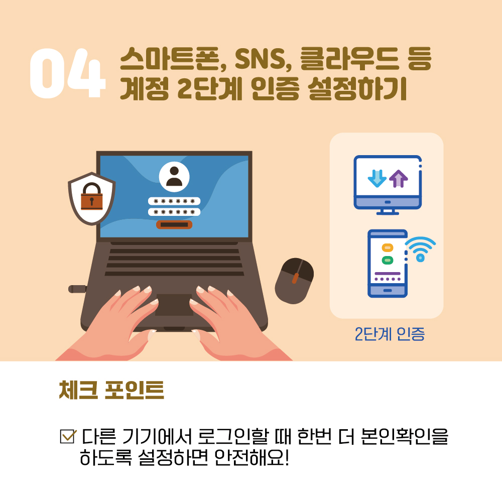 4. 스마트폰, SNS, 클라우드 등 계정 2단계 인증 설정하기, 체크 포인트! 다른 기기에서 로그인할 때 한번 더 본인확인을 하도록 설정하면 안전해요