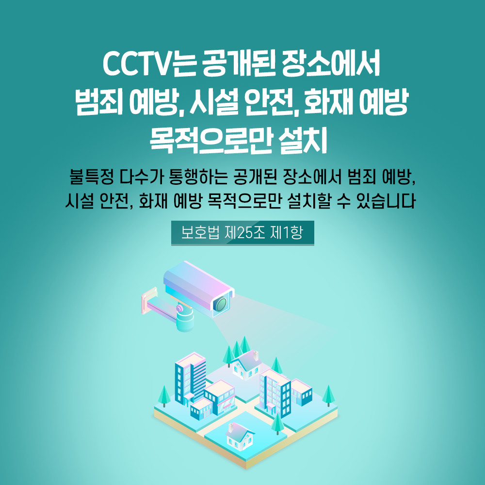 CCTV는 공개된 장소에서 범죄 예방, 시설 안전, 화재 예방 목적으로만 설치 불특정 다수가 통행하는 공개된 장소에서 범죄 예방, 시설 안전, 화재 예방 목적으로만 설치할 수 있습니다 보호법 제25조 제1항