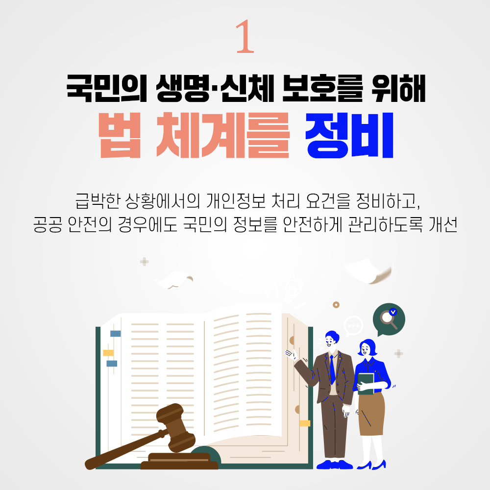 ① 국민의 생명·신체 보호를 위해 법 체계를 정비 : 급박한 상황에서의 개인정보 처리 요건을 정비하고, 공공 안전의 경우에도 국민의 정보를 안전하게 관리하도록 개