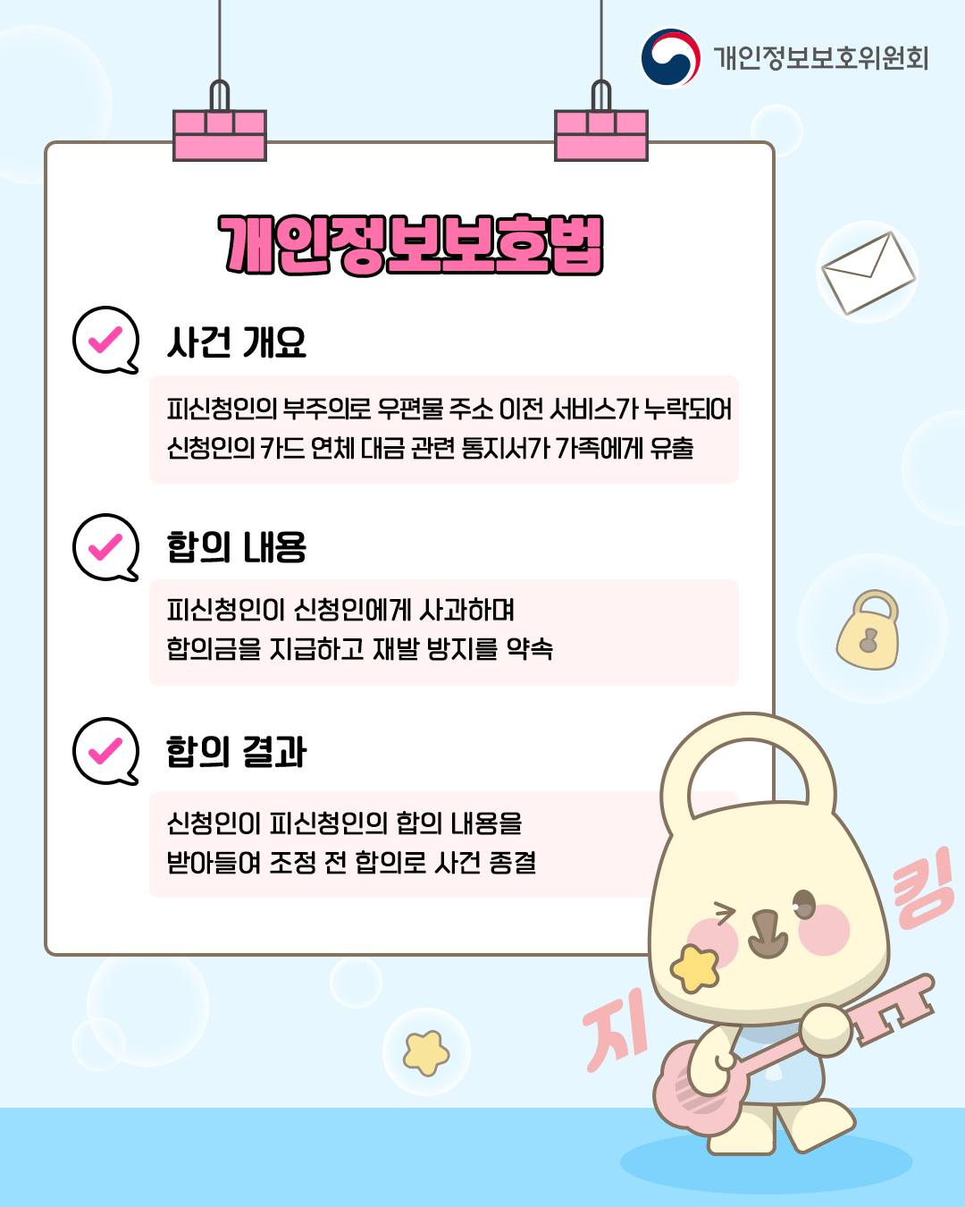 개인정보보호법
사건 개요: 피신청인의 부주의로 우편물 주소 이전 서비스가 누락되어 신청인의 카드 연체 대금 관련 통지서가 가족에게 유출
합의 내용: 피신청인이 신청인에게 사과하며 합의급 지급하고 재발 방지를 약속
합의 결과: 신청인이 피신청인의 합의 내용을 받아들여 조정 전 합의로 사건 종결