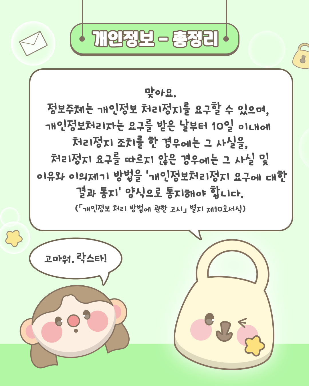 개인정보 총정리

맞아요. 정보주체는 개인정보 처리정지를 요구할 수 있으며, 개인정보처리자는 요구를 받은 날부터 10일 이내에 처리정지 조치를 한 경우에는 그 사실을, 처리 정지 요구를 따르지 않은 경우에는 그 사실 및 이유와
이의제기 방법을 개인정보처리정지 요구에 대한 결과통지 양식으로 통지해야 합니다
(개인정보 처리 방법에 관한 고시 별지 제10호서식)

고마워, 락스타!