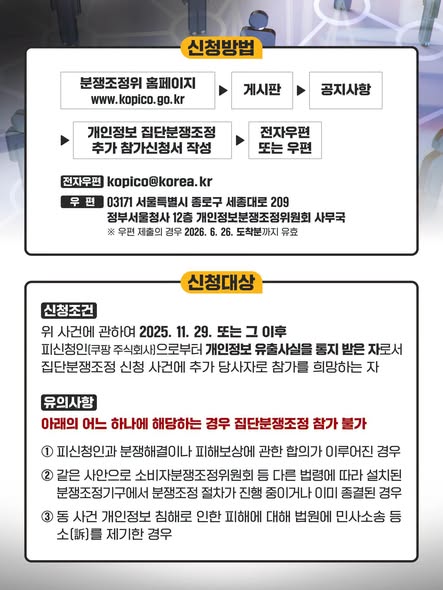 신청방법
분쟁조정위 홈페이지 www.kopico.go.kr → 게시판 → 공지사항 → 개인정보 집단분쟁조정 추가 참가신청서 작성 → 전자우편 또는 우편
전자우편 kopico@korea.kr
우편 03171 서울특별시 종로구 세종대로 209 정부서울청사 12층 개인정보분쟁조정위원회 사무국
※ 우편 제출의 경우 2026.6.26. 도착분까지 유효

신청대상
신청조건
위 사건에 관하여 2025.11.29. 또는 그 이후
피신청인(쿠팡 주식회사)으로부터 개인정보 유출사실을 통지 받은 자로서 집단분쟁조정 신청 사건에 추가 당사자로 참가를 희망하는 자

유의사항
아래의 어느 하나에 해당하는 경우 집단분쟁조정 참가 불가
1. 피신청인과 분쟁해결이나 피해보상에 관한 합의가 이루어진 경우
2. 같은 사안으로 소비자분쟁조정위원회 등 다른 법령에 따라 설치된 분쟁조정기구에서 분쟁조정 절차가 진행 중이거나 이미 종결된 경우
3. 동 사건 개인정보 침해로 인한 피해에 대해 법원에 민사소송 등 소(訴)를 제기한 경우