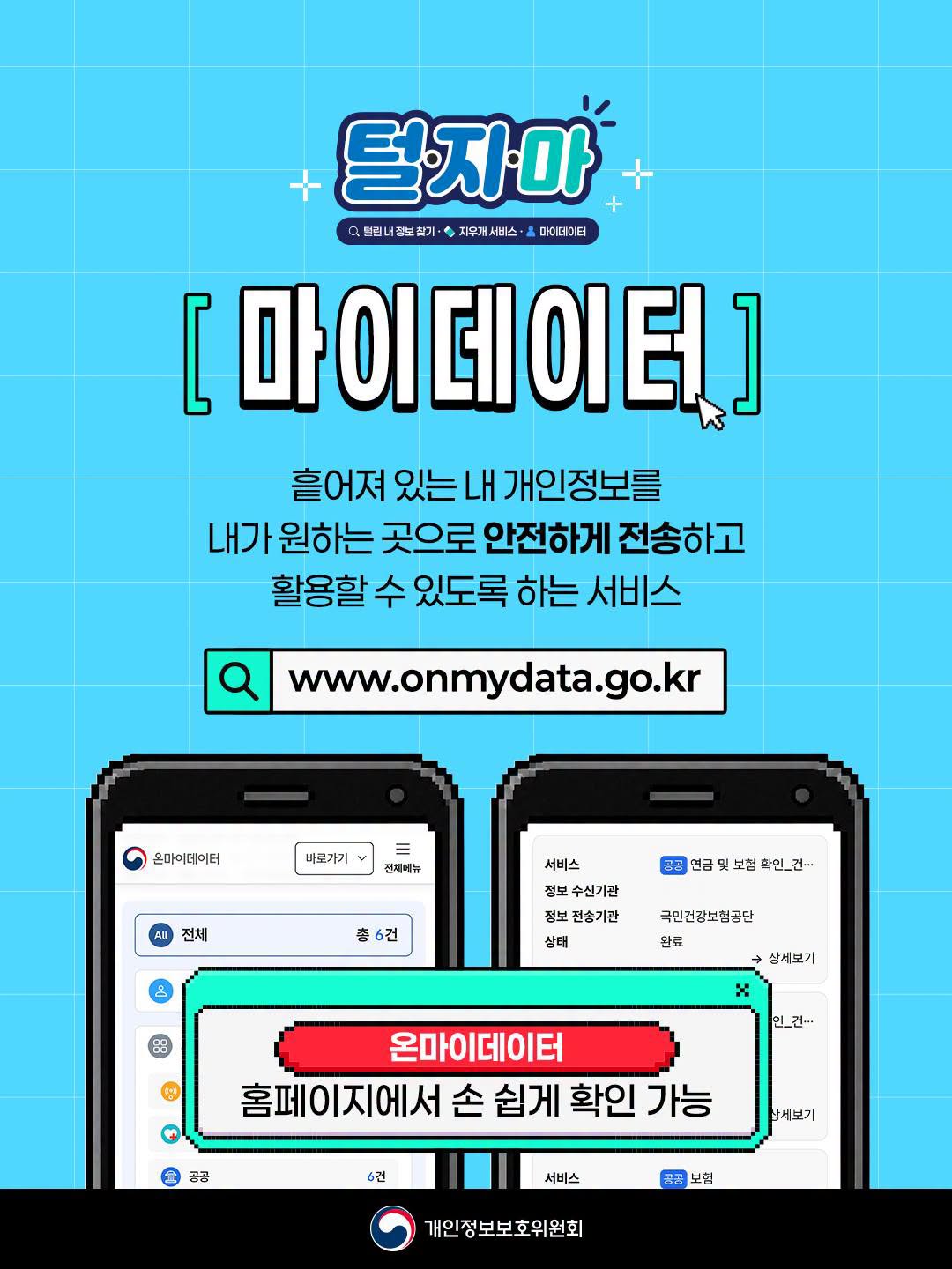 마이데이터
흩어져 있는 내 개인정보를 내가 원하는 곳으로 안전하게 전송하고 활용할 수 있도록 하는 서비스
www.onmydata.go.kr
온마이데이터
홈페이지에서 손 쉽게 확인 가능